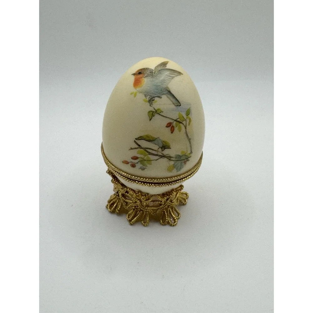 Vintage Real Egg Trinket Box With Blue Bird Printed On It And Satin Lining